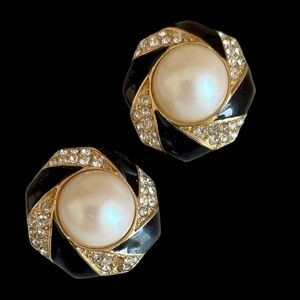 Givenchy Gold Plated Clip Earrings Faux Pearl With Black Enamel & Clear Crystals